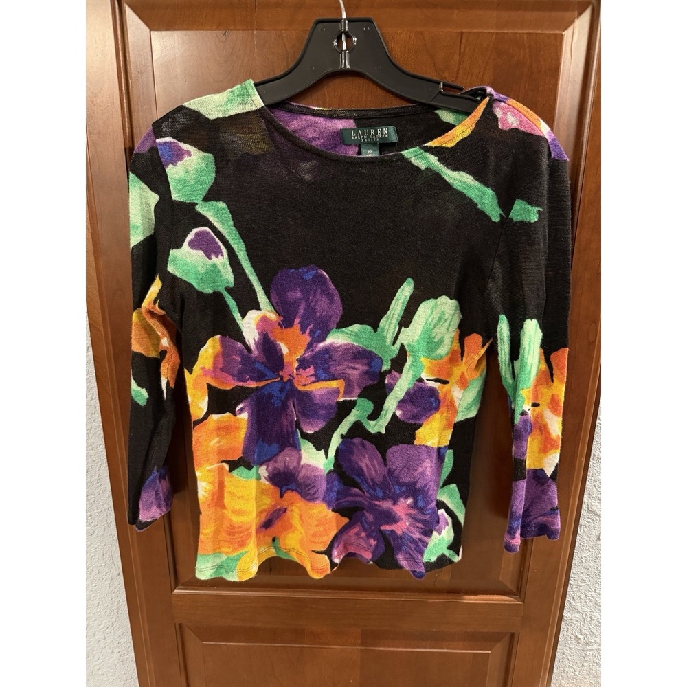Women's Lauren Ralph Lauren floral linen Top Petite Small Black w/ Bright Flower